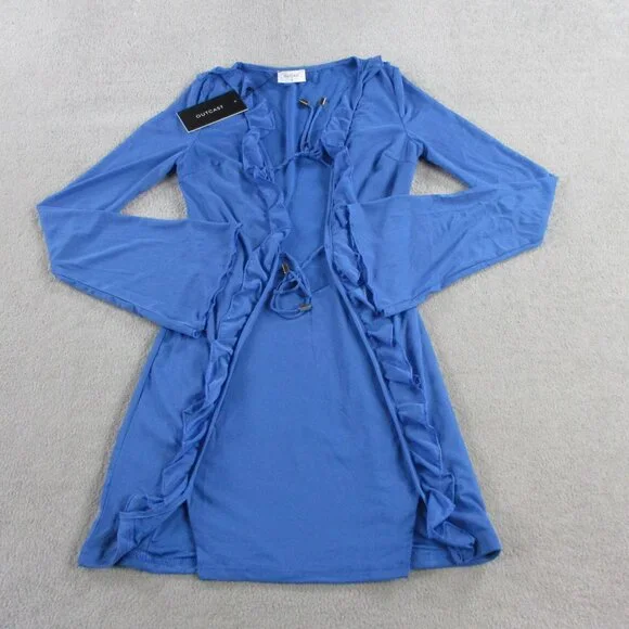 Outcast Ally Mini Dress Womens Small Blue Ruffle Long Sleeve NEW - Picture 3 of 11